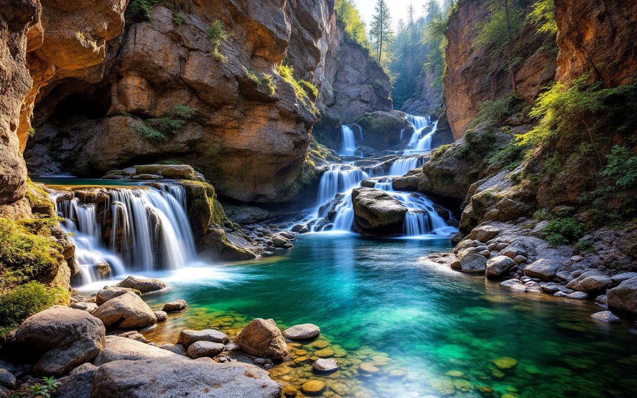 piscines-deau-emeraude-et-cascades-sur-roches-de-granit-dans-une-gorge-montagneuse-avec-rochers-polis-berges-couvertes-de-mousse-arbres-riverains-et-legere-brume-baignees-par-un-soleil-doux-e