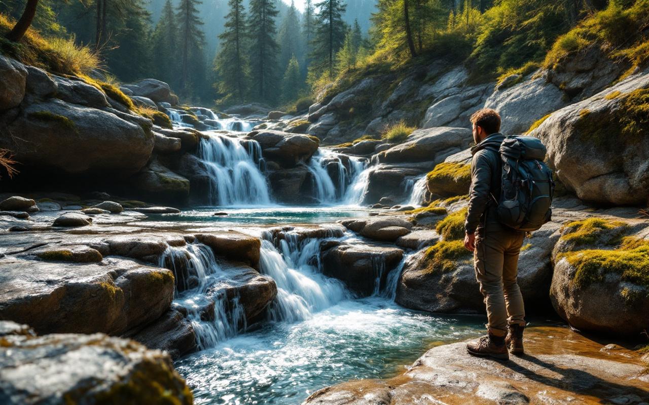 Un randonneur debout au bord de piscines en cascade entour&eacute;es de pins, l'eau claire ruisselle sur des rochers moussus, sac &agrave; dos visible, atmosph&egrave;re calme baign&eacute;e d'une lumi&egrave;re douce aux tons bleus et verts.