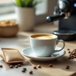 Tasse d’espresso avec crème dense sur un plan de cuisine, paquet de café en grain et machine expresso en arrière-plan.