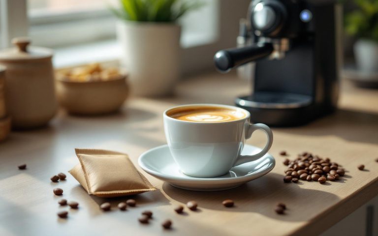 Tasse d’espresso avec crème dense sur un plan de cuisine, paquet de café en grain et machine expresso en arrière-plan.