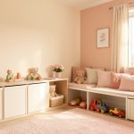 Chambre d’enfant douce et lumineuse, rangements bas intégrés, coin jeu chaleureux avec jouets bien rangés et coussins, ambiance rassurante baignées de lumière naturelle.