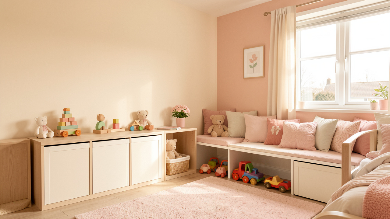 Chambre d’enfant douce et lumineuse, rangements bas intégrés, coin jeu chaleureux avec jouets bien rangés et coussins, ambiance rassurante baignées de lumière naturelle.