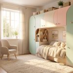 Chambre d’enfant lumineuse et chaleureuse, avec mobilier doux, rangements pratiques et ambiance rassurante, baignée de lumière naturelle.