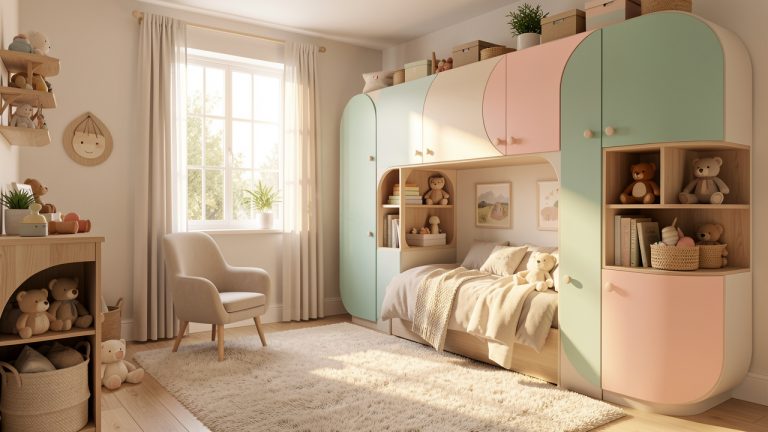 Chambre d’enfant lumineuse et chaleureuse, avec mobilier doux, rangements pratiques et ambiance rassurante, baignée de lumière naturelle.