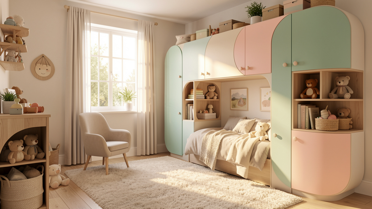 Chambre d’enfant lumineuse et chaleureuse, avec mobilier doux, rangements pratiques et ambiance rassurante, baignée de lumière naturelle.