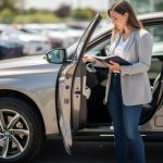Une femme examine une voiture d’occasion dans une concession automobile, avec un carnet d’entretien, tandis que des pneus et le détail des roues sont bien visibles.