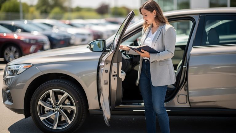 Une femme examine une voiture d’occasion dans une concession automobile, avec un carnet d’entretien, tandis que des pneus et le détail des roues sont bien visibles.