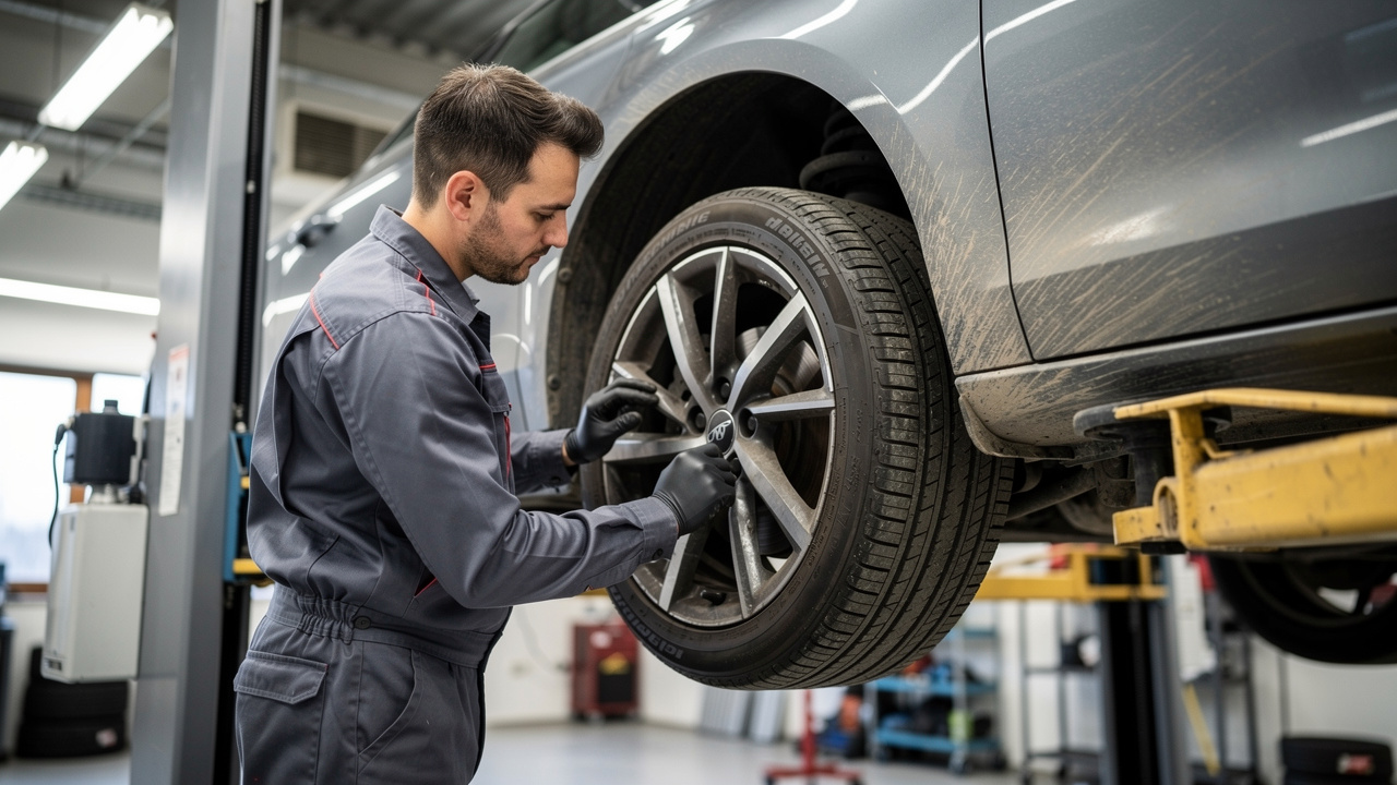 Un mécanicien inspecte une voiture d’occasion sur un pont élévateur, avec un focus sur les pneus, les freins au niveau des roues et l’état de la carrosserie dans un atelier.