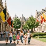 Vue estivale réaliste de Bruxelles avec des drapeaux noir, jaune et rouge sur les façades et des familles près du parc de Bruxelles.