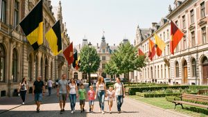 Vue estivale réaliste de Bruxelles avec des drapeaux noir, jaune et rouge sur les façades et des familles près du parc de Bruxelles.