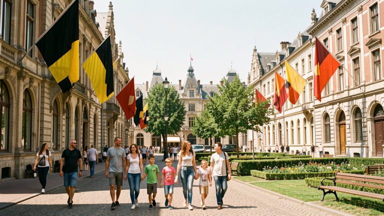 Vue estivale réaliste de Bruxelles avec des drapeaux noir, jaune et rouge sur les façades et des familles près du parc de Bruxelles.
