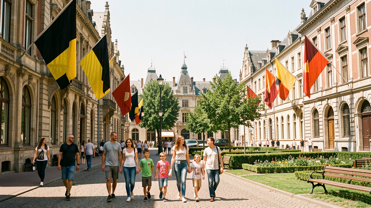Vue estivale réaliste de Bruxelles avec des drapeaux noir, jaune et rouge sur les façades et des familles près du parc de Bruxelles.