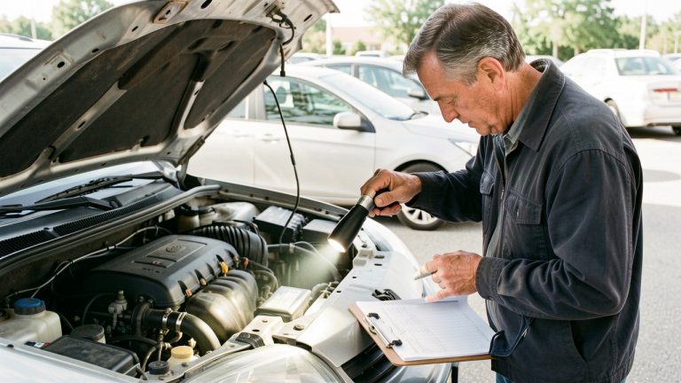 Un homme inspecte attentivement une voiture d’occasion à l’aide d’une lampe, avec une planchette et des documents vierges dans un parking lumineux.
