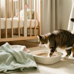Un chat s’approche prudemment d’une litière propre dans une maison où l’on distingue un berceau et des couvertures de bébé.