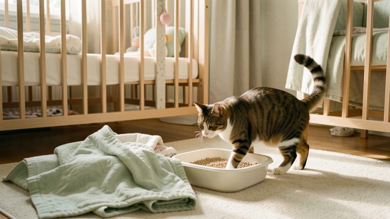 Un chat s’approche prudemment d’une litière propre dans une maison où l’on distingue un berceau et des couvertures de bébé.