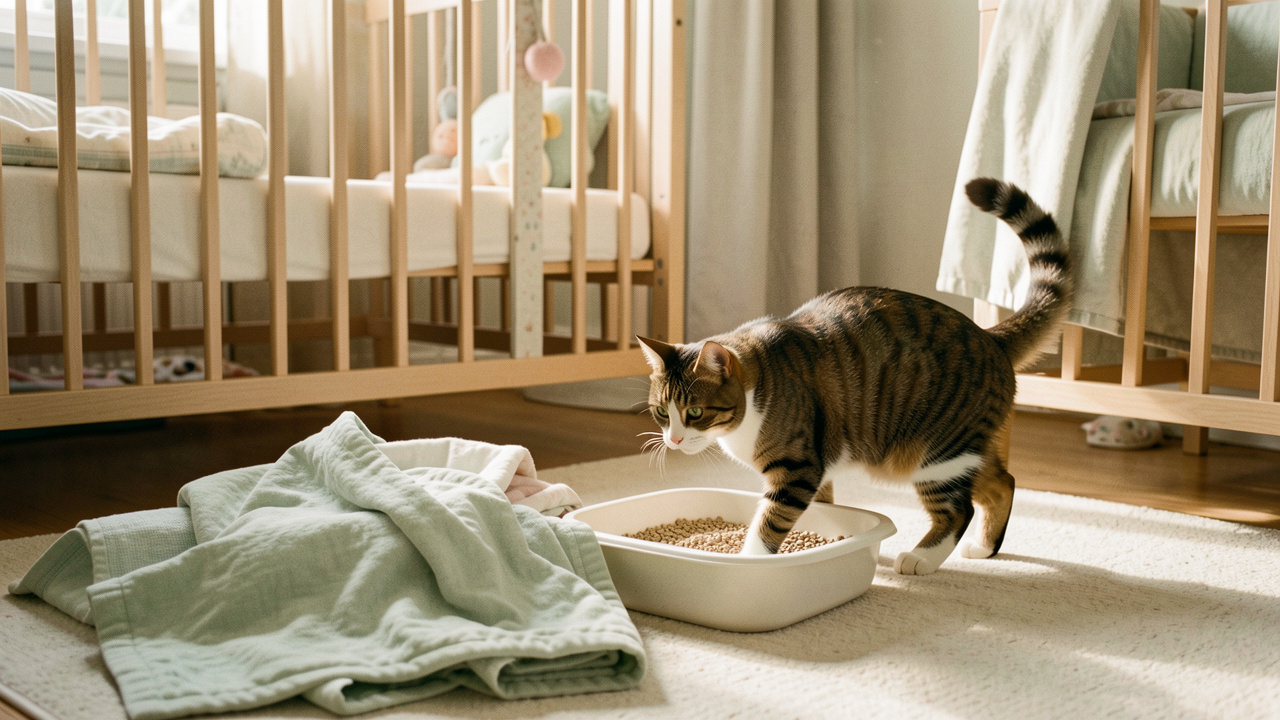Un chat s’approche prudemment d’une litière propre dans une maison où l’on distingue un berceau et des couvertures de bébé.
