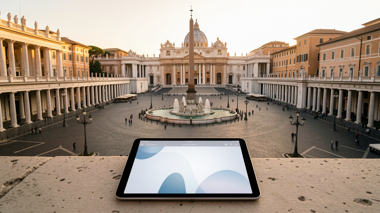 Vue de la place Saint-Pierre à Rome au lever du jour, avec les colonnades, la basilique, l’obélisque et une tablette affichant une interface institutionnelle abstraite sans contenu lisible.