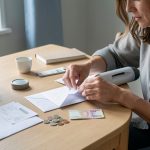 Une femme organise des enveloppes vierges, des pièces et des objets du quotidien pour illustrer la réduction des dépenses fixes.