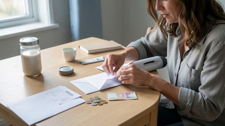 Une femme organise des enveloppes vierges, des pièces et des objets du quotidien pour illustrer la réduction des dépenses fixes.