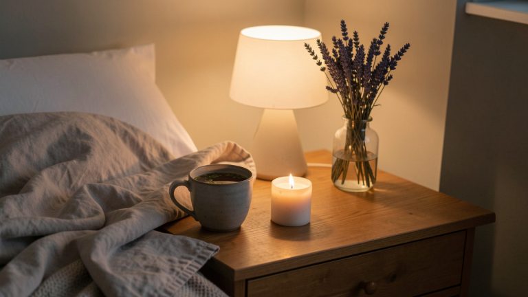 Scène de chambre apaisante le soir avec une tasse de tisane, une couverture en lin, une bougie éteinte et un vase de lavande séchée sur une table en bois.