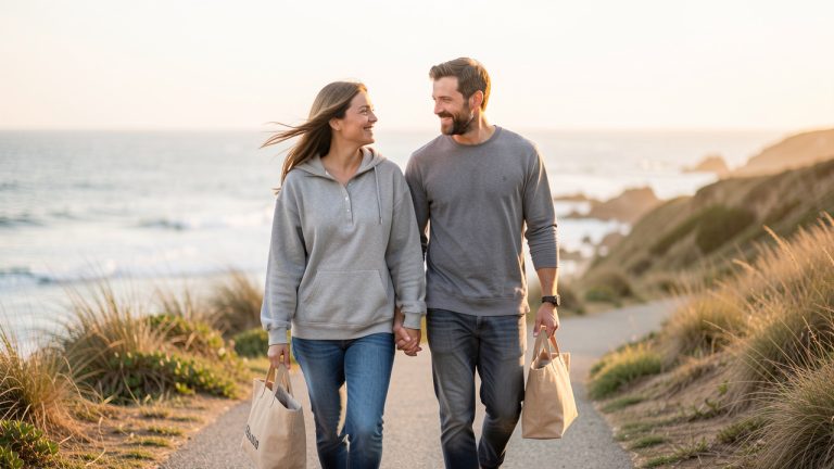 Un couple souriant marche côte à côte avec de petits sacs de voyage sur un sentier côtier paisible, profitant d’un week-end romantique.