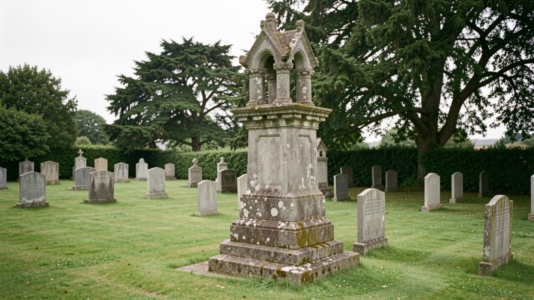 Ancien calvaire breton en pierre dressé au bord d’un cimetière communal, éclairé par une lumière douce et diffuse.