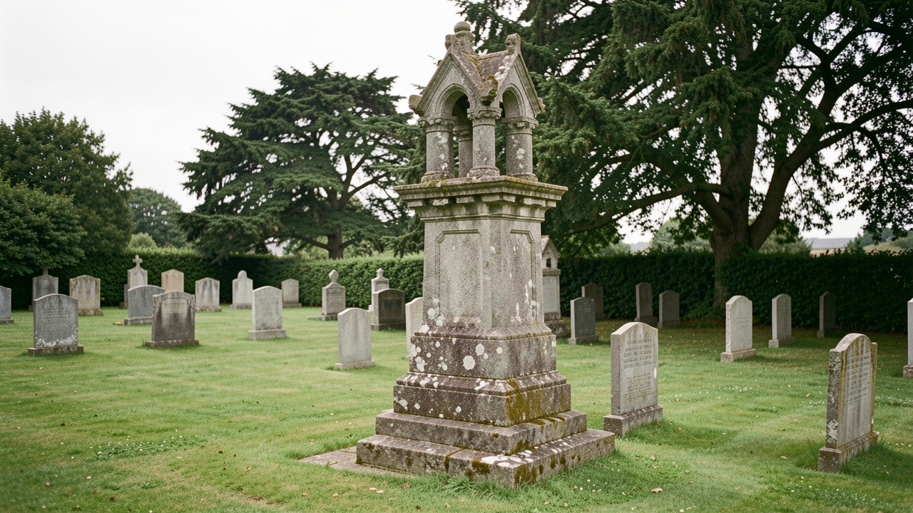 Ancien calvaire breton en pierre dressé au bord d’un cimetière communal, éclairé par une lumière douce et diffuse.