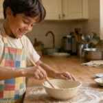 Jeune garçon portant un tablier de cuisine coloré et bien ajusté, préparant une recette dans une cuisine familiale lumineuse.