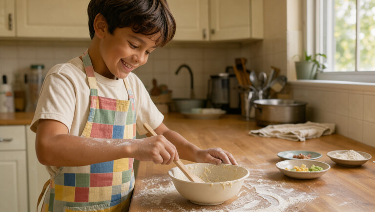 Jeune garçon portant un tablier de cuisine coloré et bien ajusté, préparant une recette dans une cuisine familiale lumineuse.