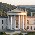Vue réaliste de la façade sud du château de Rastignac à La Bachellerie, avec sa rotonde néoclassique à six colonnes, baignée par la lumière douce de la fin d’après-midi au cœur du paysage du Périgord noir.