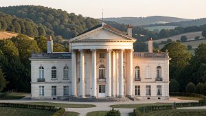 Quels repères choisir en Dordogne face au mythe Maison-Blanche-Rastignac ? Vue réaliste de la façade sud du château de Rastignac à La Bachellerie, avec sa rotonde néoclassique à six colonnes, baignée par la lumière douce de la fin d’après-midi au cœur du paysage du Périgord noir.