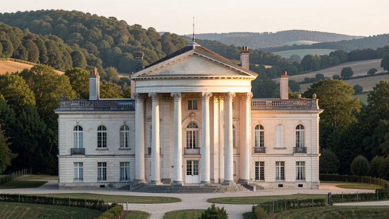 Vue réaliste de la façade sud du château de Rastignac à La Bachellerie, avec sa rotonde néoclassique à six colonnes, baignée par la lumière douce de la fin d’après-midi au cœur du paysage du Périgord noir.