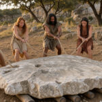Reconstitution réaliste d’un chantier néolithique en Ardèche, avec trois hommes et deux femmes tirant une grande dalle de calcaire sur des rondins de bois dans un paysage rocheux.