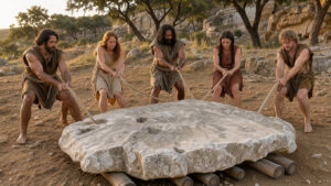 Les 6 meilleures expériences pour tracter un dolmen et lever un menhir Reconstitution réaliste d’un chantier néolithique en Ardèche, avec trois hommes et deux femmes tirant une grande dalle de calcaire sur des rondins de bois dans un paysage rocheux.
